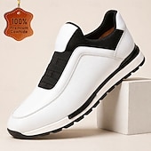 voordelige Premium lederen sneakers-Witte leren instapsneakers voor heren met zwarte accenten, lichtgewicht lage casual schoenen, ademend comfort voor dagelijks gebruik, wandelen en weekenduitjes.