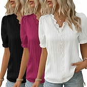 ieftine tricou simplu-pachete multiple 3 buc bluză texturată pentru femei tricou top dantelă patchwork simplu modă elegant clasic mânecă scurtă decolteu în V topuri obișnuite casual zilnic plajă alb+fucsia+galben