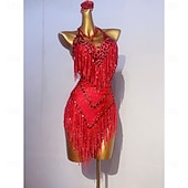 cheap Competition Dress-Women's Red Sequin Fringe Latin Dance Dress Halter Deep V Ballroom Competition Dress