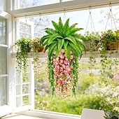 abordables Plantes et Verdure Artificielles-Ensemble de 4 plantes artificielles de type fougère de Boston et ipomée de la pampa, à suspendre soi-même. Résistantes aux UV, ces plantes artificielles réalistes sont toujours vertes et ne