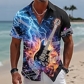 voordelige Muziek en gitaren-Men's Lightning Guitar Musical Instrument Shirt Button Up Shirt Short Sleeve Vintage Retro Music Festival Holiday Summer Spring Turndown 3D Print Collared Shirts Black 1 Black 2 Black
