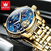 abordables Relojes de Cuarzo-Reloj automático de lujo para hombre Olevs, reloj mecánico esqueletizado con fase lunar, resistente al agua, luminoso, de acero inoxidable bicolor, relojes de vestir elegantes para negocios.