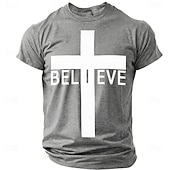  Believe Christian Cross Men's Minimalist Religious Spiritual T Shirt Graphic Crew Neck Short Sleeve Church Worship Gift for Believers Designer Clothing Apparel