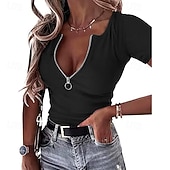 abordables Plain tee-Women's T Shirt Zipper Solid Color Graphic Plain Casual Short Sleeve V Neck Regular Tops Daily Going out Weekend Black Wine Red Gray Summer Spring