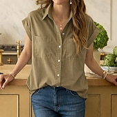 abordables Blouses Unies-Femmes Chemise Chemise d'été Chemise Décontractée Hauts en mousseline de soie Avec Poches Boutons Couleur Unie Uni Élégant Vacances Mode Manche Courte Col Rabattu Hauts Réguliers Quotidien Vêtements