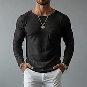 economico T-shirt in Cotone e Lino-Per uomo Maglietta in lino Manica Lunga A barca Primavera &amp; Estate Estate Primavera Tinta unica Semplice Vintage Stile Boho Casual Tasca Puro Casuale Vacanza Streetwear Blu Nero Bianco Maglietta Top