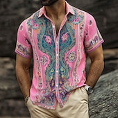 preiswerte Retro Vintage Druck-Herren Paisley-Muster Blumendruck Ethnisch Hemd Knopfhemd Kurzarm Vintage-Retro Streetwear Urlaub Sommer Frühling Umlegekragen 3D-Druck Hemden mit Kragen Blau Rosa Orange Grün