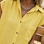 cheap Plain Blouses-Women's Shirt Cotton Linen Shirts Beach Shirt Button Up Shirt Solid Color Plain Vacation Fashion Casual Sleeveless Turndown Regular Tops Streetwear Beach Holiday White Yellow Orange Light Blue Summer