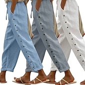 preiswerte Luxusunterteile-3er-Pack Damenhosen, Sommerhosen, Freizeithosen, Urlaubshosen, Basic-Hosen, knöchellang, natürliches, schlichtes Design, Seitentaschen, seitliche Knöpfe, bequem, atmungsaktiv, nicht elastisch, ideal für Wochenendausflüge