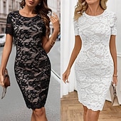 cheap White Lace Dresses-Women's Knee Length Dress Knit Dress Elegant Daily Party Wedding Regular Fit Floral Plain Short Sleeve Crew Neck Black White Summer