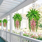 abordables Plantes et Verdure Artificielles-Ensemble de 4 plantes artificielles de type fougère de Boston et ipomée de la pampa, à suspendre soi-même. Résistantes aux UV, ces plantes artificielles réalistes sont toujours vertes et ne