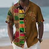 billige Vintage skjorte-Juneteenth Herre Stamme Kart Etikk / afrikansk Skjorte Sommerskjorte Skjorte med knapper Kortermet Vintage retro Ferie Sommer Vår Aftæpning 3D-utskrift krage skjorter Blå Rød Kakifarget Svart