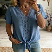 billiga Enkla blusar-Women's Shirt Blouse Patchwork Lace Trim Fashion Casual Beach Sleeveless V Neck Regular Tops Casual White Pink Sky Blue Dark Blue Summer