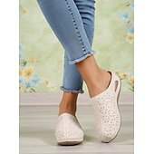 billige Tresko og tøfler til kvinner-Beige perforerte mulletresko til dame – komfortable slip-on hagesko for turgåing, hjemmebruk og sommerlig fritidsbruk