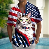  Per uomo Gatto Bandiera degli Stati Uniti 250° anniversario degli Stati Uniti Camicia Camicia Estiva Camicia con Bottoni Manica Corta Patriotico All'aperto Ferie Estate Primavera Collo ripiegato