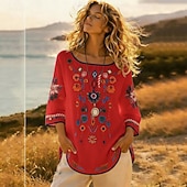 voordelige Overhemden-Dames Overhemd Overhemden met linnenlook Blouse Geborduurd Afdrukken Bloemig Vintage Stijlvol Korte mouw Strakke ronde hals Croptops Buiten Feestdagen Uitgaan Wit Geel Rood Zomer Lente
