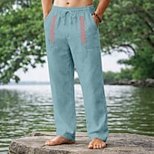 baratos Retrô-Homens Calças de linho Calça verão Calças de praia Com Cordão Patchwork Perna reta Tecido Conforto Respirável Comprimento total Casual Diário Feriado Férias Moda Preto Branco Sem Elasticidade