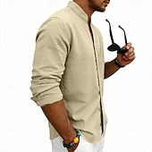 baratos Clássico-Homens Camisa Social Camisa de linho camisa de verão camisa de praia Tecido Casual Férias Preto Branco Rosa Azul Marinha Manga Longa Faixa Verão Primavera Roupa Bolsos