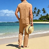 cheap Cotton Linen Shirt-Male Linen Shirt 2 Piece Shirt Set And Linen Pants Trousers Casual Pants Set Plain Daily Outdoor Vacation Turndown Sleeveless Summer Fashion Casual Comfortable Clothing Apparel