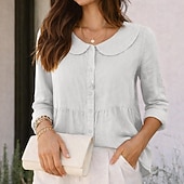 tanie Podstawowe fałszywe koszule-Damskie Koszula Codzienna koszula Zapinana na guziki koszula Sztuczna bawełna len Guziki Jednokolorowe Równina Urlop Moda Codzienny Kołnierzyk Piotruś Pan Zwykłe topy Streetwear Plaża Święto Czarny