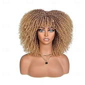 ieftine Peruci Sintetice Trendy-Perucă afro creță maro ombre cu breton, perucă afro sintetică scurtă de 14 inch, peruci afro negre crețe pentru femei, peruci pentru uz zilnic și la petreceri