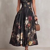 economico Abiti eleganti floreali-Per donna Abito Midi Abito in Raso Elegante Quotidiano Vacanza Weekend Vestibilità regolare Floreale Senza Maniche Colletto a Camicia Nero Estate