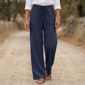 preiswerte Unterteile-Damen Baumwollleinen Weites Bein Urlaub Basic Volle Länge Hohe Taille Einfach Bequem Unelastisch Täglich Hanf weiß Marineblau Purpur Sommer Frühling Lässiger Schnitt
