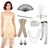 cheap Outfits-Vintage Roaring 20s 1920s Knee Length Dress Flapper Dress Gloves Sleeveless The Great Gatsby Charleston Sequins Tassel Fringe Fancy Dress Women's Halloween Carnival Cocktail Party Adults' 1 Fan Dress
