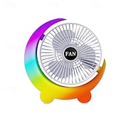 cheap Настольные вентиляторы-Moon Shaped Desk Fan with Rainbow RGB LED Light, 3-Speed Quiet Personal USB Table Fan for Office Bedroom Nightstand, Rechargeable Battery Operated Small Fan for Kids Dorm, Colorful Cooling Gift