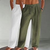 baratos Clássico-Homens Calças de linho Calças Calça verão Calças largas Calças de praia Com Cordão Bolsos Cintura elástica Tecido Conforto Respirável Comprimento total Diário Praia Férias Férias Havaiana Branco
