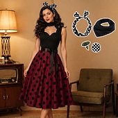 baratos Conjuntos-Vestido Feminino A-Line Rockabilly Vestido de Poá Vestido de Swing Vestido Flare com Conjunto de Acessórios Trajes de Grease Anos 1950 Vintage Retro dos anos 60 com Faixa de Cabeça Lenço Brincos Para