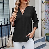 cheap Plain tee-Women's Texture Blouse Eyelet Top Pointelle Tee T Shirt Eyelet Striped Fashion Classic Casual Long Sleeve V Neck Regular Tops Casual Daily Beach Black White Navy Blue Sky Blue Orange Summer Spring