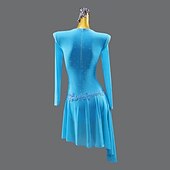 voordelige wedstrijd jurk-Sky Blue Latin Dance Dress - Long Sleeve Mesh Performance Costume with Rhinestones &amp; Lace Applique