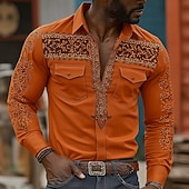 preiswerte Westernhemden für Herren-Herren Kuhmuster Ethnisch Komplizierte Blumen Hemd Westernhemd Cowboy-Shirt Langarm Vintage-Retro Lässig Outdoor Arbeitskleidung Frühling Herbst Umlegekragen Zwei Fronttaschen Leinenähnliches Hemd