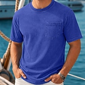 ieftine tricouri de bază-Bărbați Tricou Camasa de blugi Tricou din bumbac Cămașă spălată Mânecă scurtă Crewneck Vară Simplu Pit Strip Epocă Modă Designer Buzunar Stil Vintage Decolorat Casual Vacanță Stradă Albastru Deschis