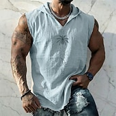 preiswerte Camisetas tropicales de vacaciones-Herrenweste mit geometrischem, maritimem Palmen-, Sonnen- und Segelbootmuster im Boho-Stil, ärmellos, mit Kapuze, aus Baumwoll-Leinen-Mischgewebe, ausgefranstem Saum, lockerer Passform, ideal für