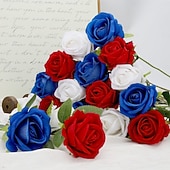 cheap Artificial Flower-24 Artificial Roses For July 4th Decoration, Red, White, And Blue Patriotic Floral Arrangement, Realistic Velvet Silk Roses, Sold In Bulk For Memorial Day Centerpieces And Home Decor