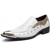 billige Loafers-Herresko i hvitt og gullfarget i kunstskinn med spisse pensko med metalltåhette og sidespennedetaljer. Luksuriøst, formelt fottøy for stilige menn, perfekt for bryllup og banketter.