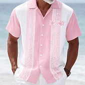 cheap Geometric Pattern-Men's Geometric Striped Ethnic Shirt Guayabera Shirt Button Up Shirt Short Sleeve Vintage Retro Daily Outdoor Vacation Summer Spring Turndown 3D Print Linen Like Shirt Blue Pink Purple Green Khaki