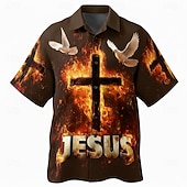 preiswerte Vintage Hemd-Herren Kreuzfahrer Kreuz Jesus Hemd Knopfhemd Camp-Kragenhemd Kurzarm Vintage-Retro Streetwear Ferien Sommer Frühling Kubanisches Halsband 3D-Druck Blau Schwarz Braun