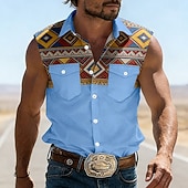 cheap Men's Western Shirts-Men's Geometric Pattern Ethnic Western Shirt Cowboy Shirt Sleeveless Shirt Sleeveless Western Style Vintage Retro Outdoor Work Causal Summer Spring Turndown 3D Print Work Shirts Blue Army Green Brown