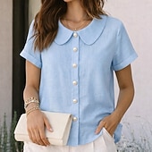 billige Enkle bluser-Dame Skjorte Sommerskjorte Uformell skjorte Skjorte med knapper Helfarge عادي Elegant Ferie Mote Kortermet Peter Pan krage Vanlige topper Gateklær Strand Ferie Blå Svart Hvit Rosa Rød Sommer Vår Høst