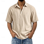 abordables Clásico-Men's Shirt Popover Shirt Summer Shirt Beach Wear Cotton Linen Shirt Button Up Shirt Solid Color Casual Vacation Blue Black Navy Blue Purple Short Sleeve Shirt Collar Summer Spring Clothing Apparel