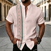 halpa النمط العرقي-Men's Floral Print Ethnic Shirt Button Up Shirt Stand Collar Shirt Short Sleeve Vintage Retro Vacation Dailywear Beach Wear Summer Spring Mandarin Collar 3D Print Linen Like Shirt Blue Pink Khaki