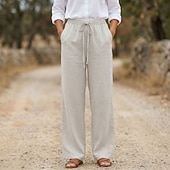 preiswerte Unterteile-Damen Baumwollleinen Weites Bein Urlaub Basic Volle Länge Hohe Taille Einfach Bequem Unelastisch Täglich Hanf weiß Marineblau Purpur Sommer Frühling Lässiger Schnitt