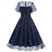 cheap Dresses-1950s Retro Vintage Midi Dress Swing Dress Flare Dress Short Sleeves Embroidered Leaf Fit &amp; Flare Swing Round Neck Fancy Dress Women's Casual Evening Party Tea Party Adults' Dress Spring &amp; Summer