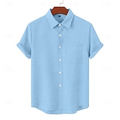baratos Clássico-Homens Camisa Social Camisa de linho camisa de verão Roupa de Praia camisa de botão Tecido Casual Diário Azul Preto Branco Rosa Manga Curta Colarinho Primavera Verão Verão Roupa Bolsos