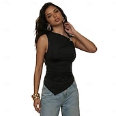 cheap Plain Tops-Women's Elegant Graphic Plain Elegant Sleeveless Asymmetrical Regular Tops Casual Daily Weekend Black Spring