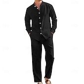 abordables Chemises lin et coton-Homme Chemise en lin Deux pièces Ensemble Chemise Et Pantalons en Lin Pantalons Pantalon décontracté Set Uni Quotidien Extérieur Vacances Col grand-père manche longue Été Printemps Mode Occasionnel