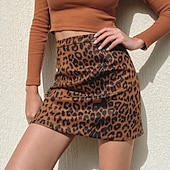 abordables Graphic Skirts-Women's Faux Suede Skirt Fashion Casual Mini High Waist Skirts Leopard Print Split Ends Stretchy Daily Street Leopard Black Yellow Light Brown Spring